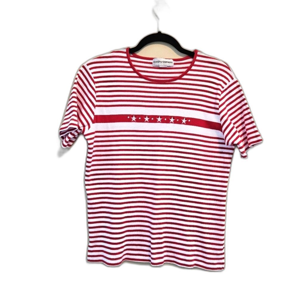 Cathy Daniels Shirt Women's Patriotic Red White Striped Rhinestone Embellished